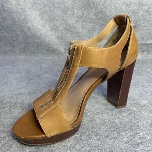 Franco Sarto Tan Leather Open Toe Zip Up Sandals, Women’s Size 8M 4” Heel